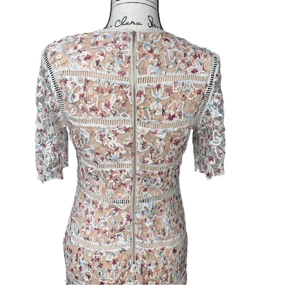 Fab’rik Lace Crochet Overlay Floral Zip Back Mini Dress Size M White Tan Red - Picture 8 of 13